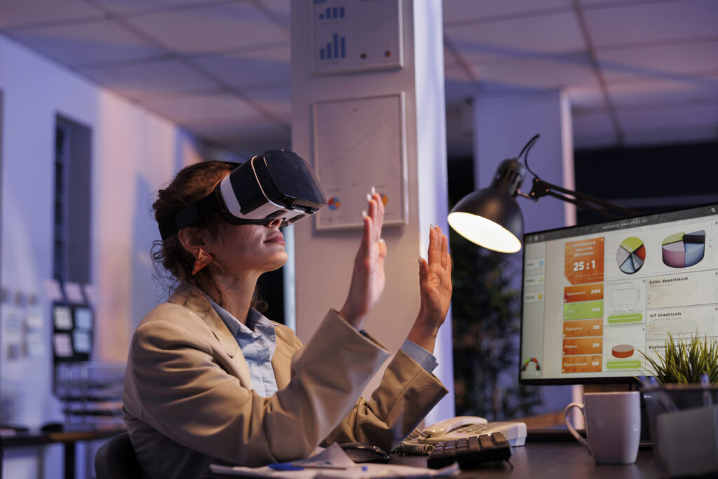 Corporate employee planning financial investment strategy usinh hologram